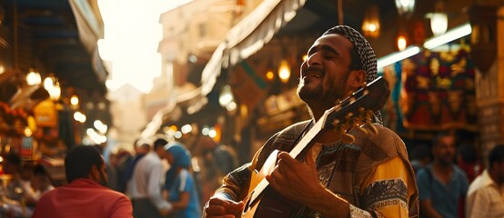 A musician passionately plays guitar in a bustling market, surrounded by cultural artifacts, under...