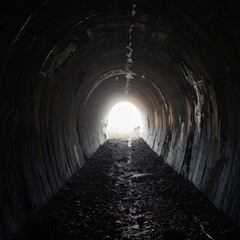 Dark and mysterious tunnel with a bright light at the end