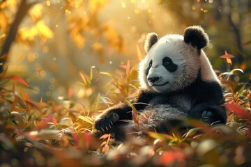 A cute panda bear sitting among leaves, suitable for wildlife and nature themes