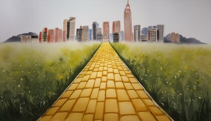 Watercolor drawing of a yellow brick road leading to city