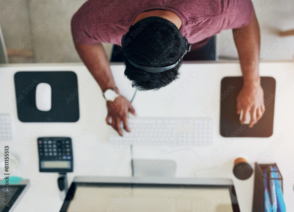 Poster Call center, hands or businessman in office top view consulting for crm, ecommerce or contact us with customer support. Above, workspace or telecom by lead generation consultant with b2b virtual help