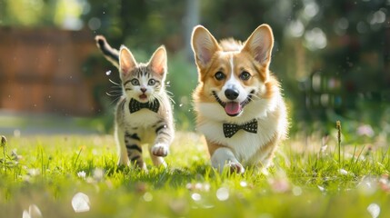 furry friends red cat and corgi dog wearing bow ties walking on the green grass in a summer, sunny day, meadow under the drops of warm rain.