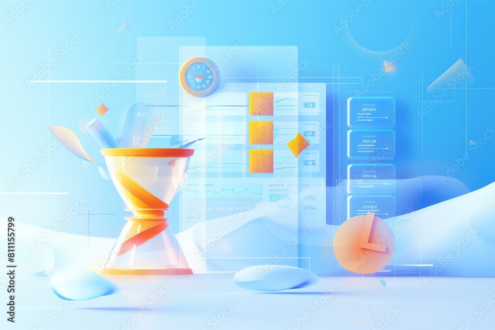 Poster a clock and hourglass displayed on a table. suitable for time management concepts