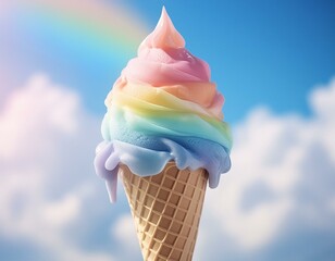 Abstract image with a rainbow coloured ice-cream in a cone, against pale blue sky background. 