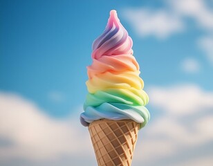Abstract image with a rainbow coloured ice-cream in a cone, against pale blue sky background. 