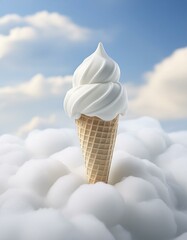 Abstract image with a white creamy ice-cream in a cone, against pale blue sky background. 