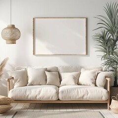 Frame mockup, Scandinavian style home living room interior with sofa, wall poster frame design, 3D render