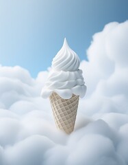 Abstract image with a white creamy ice-cream in a cone, in the clouds on blue sky background.