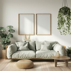 Frame mockup, Scandinavian style home living room interior with sofa, wall poster frame design, 3D render