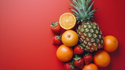 Fresh tropical fruit isolated red unfocused background, strawberries pears pineapple pineapple...