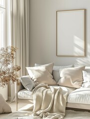 Frame mockup, Scandinavian style home living room interior with sofa, wall poster frame design, 3D render