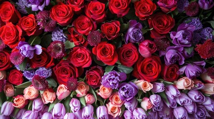 Lovely flower wall showcasing a gorgeous mix of red violet and purple roses and tulips set against a press wall as a stunning backdrop for Valentine s Day
