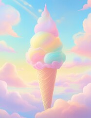 Abstract image with a fluffy, rainbow coloured ice-cream in a cone, against pale blue sky background. 
