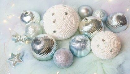 Beautiful silver and white Christmas baubles and decorations. Pale bright colours. 