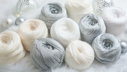 Pile of white a d grey fluffy yarn balls as background. Bright soft pale pastel colours.