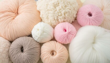 Pile of colorful fluffy yarn balls as background. Bright soft pale pastel colours.