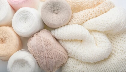 Pile of colorful  fluffy blankets and yarn balls as background. Bright soft pale pastel colours.
