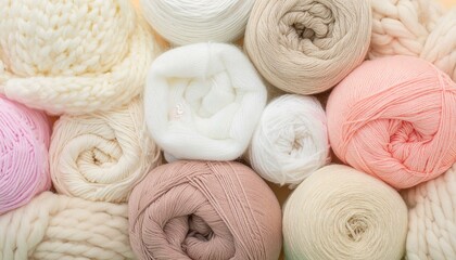 Pile of colorful rolled blankets and yarn balls as background. Bright soft pale pastel colours.