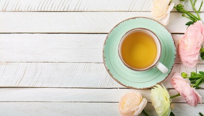 Ceramic cup of tea on a wooden table. Background with copyspace in bright pale pastel colours. 
