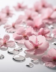Beautiful bright background with pink cherry flowers in the crystal clear water. 