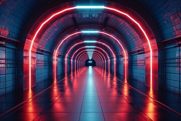 A long tunnel illuminated by neon lights, creating a futuristic and vibrant atmosphere