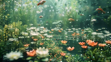 Illustrate a surreal underwater landscape with a wide-angle perspective