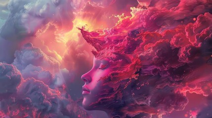 Illustrate the concept of dopamine release in the brain with a mix of surreal and abstract digital art Convey a sense of euphoria and excitement through dynamic shapes and bold