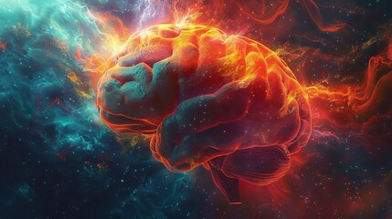 Illustrate the concept of dopamine release in the brain with a mix of surreal and abstract digital art Convey a sense of euphoria and excitement through dynamic shapes and bold