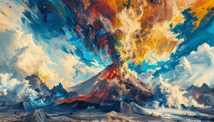 Obraz premium Illustrate the intense and chaotic beauty of a wide-angle view volcanic eruption using a traditional oil painting technique