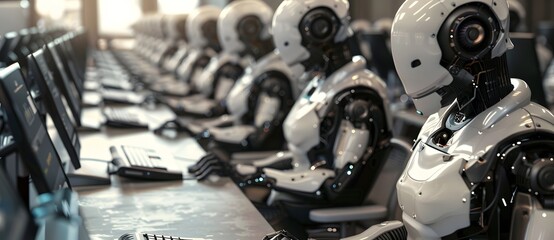 Advanced robots equipped with artificial intelligence work at computer stations, showcasing...
