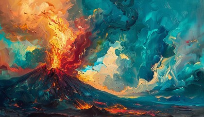Illustrate the intense and chaotic beauty of a wide-angle view volcanic eruption using a traditional oil painting technique