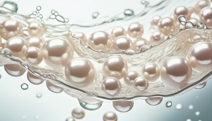 Bright pale background with shiny pearl balls in water. Soft pastel colours.
