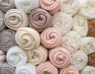 Pile of colorful rolled towels and blankets as background. Bright soft pale pastel colours.
