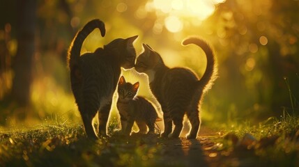 cats walking in the grass, one cat is holding his tail up to form a heart shape around another little kitten on a path in a park at sunset. The scene depicts a love