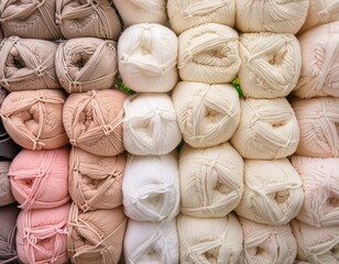 Pile of colorful rolled towels as background. Bright soft pale pastel colours.