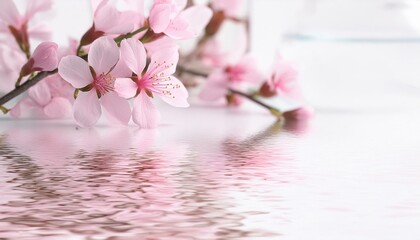 Beautiful bright background with pink cherry flowers in the crystal clear water. 