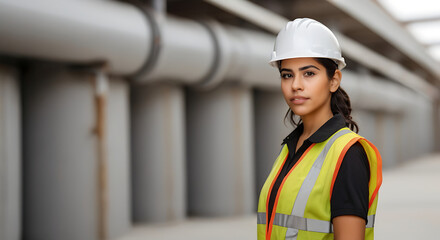 Young female Hispanic worker looking straight at the camera wearing a hard safety hat and a reflective vest with copy space and isolated background, 
