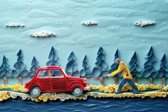 Man pulling red car across river, ideal for transportation themes