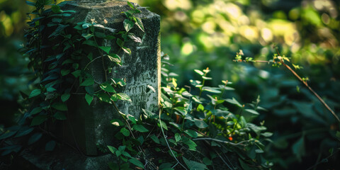 An abandoned old tombstone overgrown with greenery. Eternal memory, the need to remember, the importance of the past.