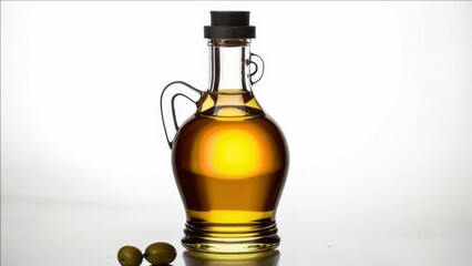 Glass vessel with olive oil on a light background.