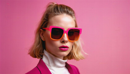 photo of beautiful woman with blonde hair and style sunglasses standing against pink background, generative AI