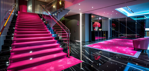 Modern luxury foyer with neon pink carpeted stairs highlighted by a stainless steel banister and a...