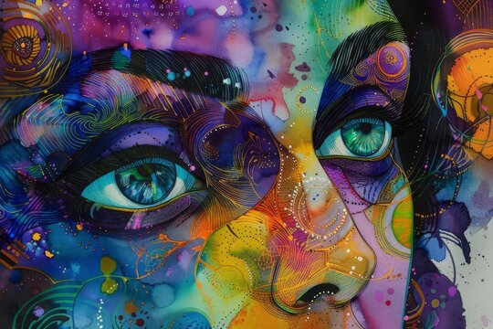 Capture the strength and vulnerability of a zaftig woman engaging in a cosmic battle amidst elliptical eyes, utilizing intricate linework and vivid watercolors to convey emotion