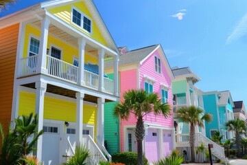 Houses on Carolina Beach. Bright Pastel Colours, Tropical Palm Trees and Vibrant Beach Scene