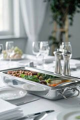 Fototapeta premium Catering Equipment and clean Buffet Setup. Chafing Dishes and Servingware on white background. Catering company, restaurant supply store.