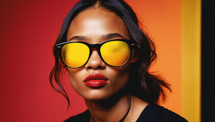 photo of beautiful african woman with style sunglasses standing against red and yellow background, generative AI