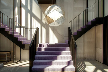 Modern mansion foyer with lavender carpeted stairs flanked by a matte black railing and a...