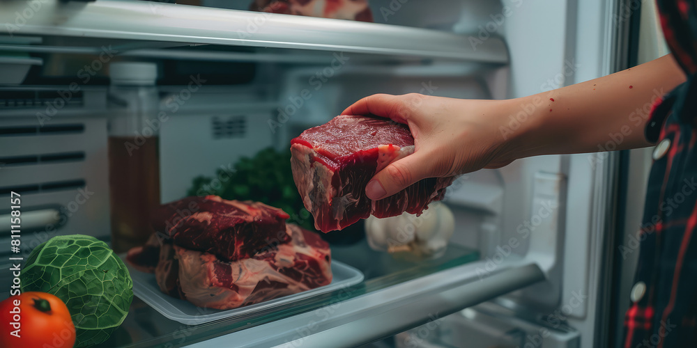 Wall mural close-up female hand putting raw meat in refrigerator. cooking at home, chilled fresh red beef meat.