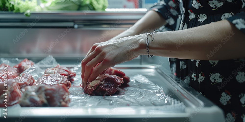 Wall mural Close-up female hand putting raw meat in refrigerator. Cooking at home, chilled fresh red beef meat.