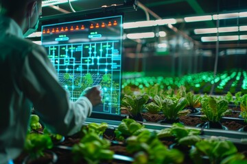 Scientist works with VR or AR screen in green greenhouse. Modern agricultural practices with virtual reality simulators. Smart farming with AI, futuristic agriculture concept